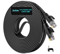 Soibke Cable Ethernet 15m, Cat 6 Câble Réseau RJ45 Plat 15 Mètres Haut Débit Fibre 1000Mbit/s, Fil Ethernet Extérieur/Intérieur Gigabit Noir Cable LAN Internet pour Switch Routeur