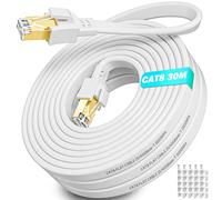Soibke Cable Ethernet 30m, Cat 8 Cable RJ45 30m Plat Haut Debit Fibre 40Gbps 2000MHz Câble Réseau Blindé Extérieur Intérieur Câble Internet LAN Blanc pour Routeur Modem