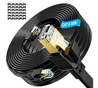 Soibke Cable Ethernet 30m Cat 8, Cable RJ45 Blindé Plat, Haut Debit Gigabit 40Gbps 2000MHz, Long Câble Réseau LAN Gigabit, Cable Internet 30 Mètres Extérieur pour Routeur Modem