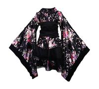 SOIMISS Kimono Court Costume Adulte Traditionnel Polyester Yukata Motif V- Cou Kimono Fête Cosplay Tenue pour Fête Femmes Filles Cadeau Xxxl (Noir)