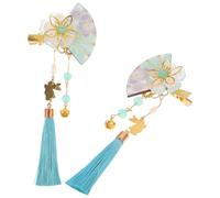 SOIMISS Lot de 2 Pinces à Cheveux Japonaises à Éventail Bleu Fleur, Pompon, Clochettes, Accessoires pour Kimono et Coiffure Traditionnelle Japonaise, pour Fêtes et Séances Photos