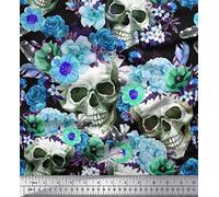 Soimoi Bleu Batiste de Coton en Tissu crâne, Rose et anémone Fleur Tissu Imprime 1 Metre 42 Pouce Large