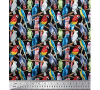 Soimoi Noir Poly Georgette en Tissu Branche et Perroquet Colore Oiseau Tissu Imprime par Metre 52 Pouce Large