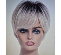 Soins des cheveux courts ombre blonde bouclé épaule longueur synthétique 100% perruques de cheveux humains pour les femmes, lutin coupe perruque droite avec perruques naturelles bang
