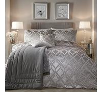 SOIRE'E Housse de Couette Luxe en Velours Ogee Argenté - 230 x 220cm - 2 Taies d'oreiller - Literie en Velours Doux et Confortable en Argent - Literie Jacquard - Parures de Couette en Velours Argenté