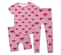 Soiree Pyjama Fille Ensemble de vêtements d'été décontractés pour Filles,Short imprimé à Manches Courtes,Pantalon,Pyjama,Ensemble 3 pièces pour Tout-Petits de 2 à 14 Ans(9-10 Ans)