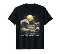 Sois calme et connais la foi biblique Christian Blue Wave Full Moon T-Shirt