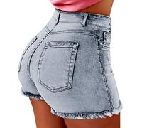 SOIUTAO Short en jean pour femme - Taille haute - Stretch - Grande taille - Pour le sport - Décontracté - Couleur unie - Pantalon chaud avec pompon - Trou côtelé - Pour l'été, bleu clair, XXXL