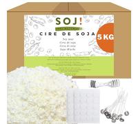 Soj - Cire de Soja 5KG pour bougies SANS OGM 100% Naturelle, E-BOOK+50 MÈCHES OFFERTES! Fabrication de bougies coulées, Cire bougies, Cire à bougie, Conditionnée en France (5KG Flocons)