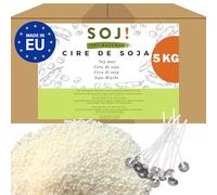 Soj - Cire de Soja 5KG pour bougies SANS OGM 100% Naturelle, E-BOOK+50 MÈCHES OFFERTES! Fabrication de bougies coulées, Cire bougies, Cire à bougie, Conditionnée en France (5KG)