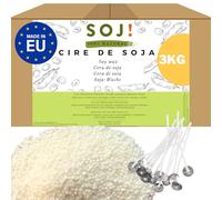 soj! Soj - Cire de Soja végétale SANS OGM 100% Naturelle, 3KG, E-BOOK+30 MÈCHES OFFERTES! Fabrication de bougies coulées, Cire pour bougie, Cire de soja pour bougie conditionnée en France 3KG