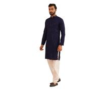 Sojanya (Depuis 1958, Ensemble de pyjama pour homme en pur coton moutarde brodé Kurta et blanc, bleu, Small