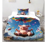 SOJFGSNAJ Cochon Volant en Ballon Housse De Couette Double Fibre Polyester Housse De Couette en Microfibre Impression 3D Ensemble De Deux Pièces Single(135x200cm)