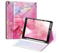 Soke Étui portefeuille magnétique sans fil amovible avec clavier 10,2 pouces pour iPad 9e/8e/7e génération avec porte-crayon pour Apple iPad Gen 9/8/7, marbre rose vif