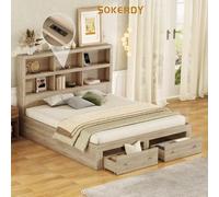 SOKERDY Lit Double 160X200cm, Lit Plateforme King Size avec deux Tiroirs Au Pied Du Lit, Tête de Lit avec Rangements, Naturel
