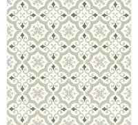 Sol Vinyle Textile économique - Effet Carreaux de Ciment arabesques - Vert et Gris - Rouleau de 2m x 6m