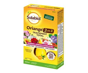 SOLABIOL Oriange Traitement Total 3 en 1 - Insectes Acariens Maladies - 200ml - 50L De Solution - Rosiers Arbres & Arbustes - A Base d’Huile Essentielle d'Orange Douce SOTOTORN200
