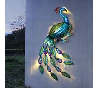 Applique murale extérieure applique murale lumière solaire éclairage de jardin, motif paon, capteur crépusculaire, fer, bleu, vert, rouge, LED, HxLxP 92x63x6 cm