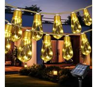 Solaire Guirlandes Lumineuses Extérieur, 6.5M 80LEDs Corde de Chanvre Guirlande Guinguette Solaire avec 10 Ampoules Incassable, 8 Modes Étanche Guirlande Lumineuse pour Noël Jardins Cours Bistrots