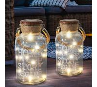 Lampes suspendues LED interrupteur solaire 20 cm lampes solaires décoration jardin lampes solaires pour extérieur corde de chanvre verre, lettrage, corde de chanvre marron, 10xLED 0,06W 3lm 3,2V blanc chaud, DxH 9,8x20 cm, lot de 2