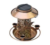 Solar Bird Feeder - Metal Wild Bird Feeder - for Bir.d Lovers - 19.5cm Bronze Feed.ER with LED Light, Solar Powered Garden Decor, Seed Tray, Light Control, Ideal for Backyard & Outdoor Use