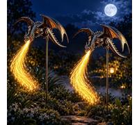Solar Dragon Fire Garden Stake Light with Fiber Optic Flame | Dragon yard stake with glowing flame effect for lawns, pathways, flower beds and patios(2pack)