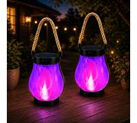 Solar Flame Lantern Outdoor Lights, Waterproof Hanging Lantern with Dancing Flickering Flame, Decorative Garden Light for Patio, Yard, Pathway & Outside Decor (Purple Light (2-Piece Set))