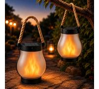 Solar Flame Lantern Outdoor Lights, Waterproof Hanging Lantern with Dancing Flickering Flame, Decorative Garden Light for Patio, Yard, Pathway & Outside Decor (Flame (2-Piece Set))