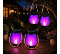 Solar Flame Lantern Outdoor Lights, Waterproof Hanging Lantern with Dancing Flickering Flame, Decorative Garden Light for Patio, Yard, Pathway & Outside Decor (Purple Light (4-Piece Set))