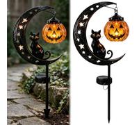 Solar Halloween Black Cat & Pumpkin Moon Garden Stake Light, Waterproof LED Metal Crescent Moon Yard Decor with Hanging Jack-o'-Lantern, Outdoor Fall Decor for Patio,Lawn,Pathway