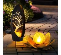 Lampe solaire fleur de lotus lampes décoratives de jardin extérieur lampe solaire extérieure fleur solaire, effet de lumière verre craquelé, 1x fleur de lotus 1x lampadaire, LED blanc chaud, lot de 2