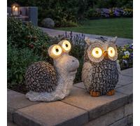 Lampe Solaire D'Extérieur Sculpture LED Escargot Hibou Figurine Gris Jardin 2er