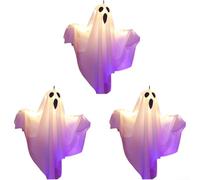 Solaughguy Lot de 3 lumières décoratives d'Halloween à suspendre blanc chaud pour jardin, terrasse, pelouse et espaces extérieurs - Motif visage effrayant qui brille dans le noir, taffetas de