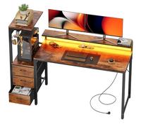 SOLAVERO Bureau Gaming avec LED et Prise Intégrée, 152cm Bureau d'Ordinateur Réversible avec Étagères de Rangement et Tiroirs en Tissu, Table Gamer avec Support d'Écran et Crochet pour Casque, Marron
