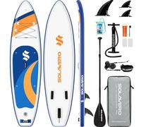 SOLAVERO Paddle Gonflable Adulte, 335 cm Stand Up Paddle avec Pont EVA Antidérapant, Support GO-Pro, Pagaie Réglable, 3 Aileron, pour Tous Les Niveaux de Compétence, Jusqu'à 200 kg, Blanc et Bleu