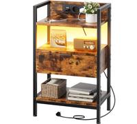 SOLAVERO Tables de Chevet avec Prises et Ports USB, Table de Nuit avec Eclairage LED, Table d'Appoint avec Tiroir de Rangement en Bois, pour la Chambre, Le Canapé et Le Bureau, Marron