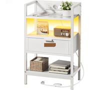 SOLAVERO Tables de Chevet avec Prises et Ports USB, Table de Nuit avec Eclairage LED, Table d'Appoint avec Tiroir de Rangement en Bois, pour la Chambre, Le Canapé et Le Bureau, Blanc