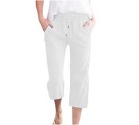 Solde Pantalon Fluide Femme Été Lin 3/4 Pantacourt de Travail Léger Yoga et Pilates Pantalons Grande Taille Vetement Décontracté Elastique avec Poches Ample Jogging à Cordon de Serrage Pants Pas Cher