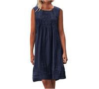 Soldes Cadeau Robe en Lin Femme Mi Longue Plissée T-Shirt Robe de Travail Chic et Elegant Décontractée Couleur Unie Manche Courte Jupe Vêtements Femmes Cotton en Line Chemise Robes de Soleil Pas Cher