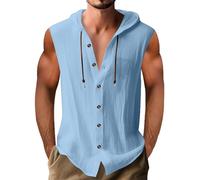 Soldes Chemise Lin Homme Slim Fit Couleur Uni Henley Shirts Casual Chemise Blanche Hommes sans Manches Chemises en Lin Homme Été à Capuche Haut Blouse Boutonnés Hoodie Cordon De Serrage Pas Cher