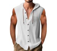 Soldes Chemise Lin Homme Slim Fit Couleur Uni Henley Shirts Casual Chemise Blanche Hommes sans Manches Chemises en Lin Homme Été à Capuche Haut Blouse Boutonnés Hoodie Cordon De Serrage Pas Cher
