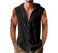 Soldes Chemise Lin Homme Slim Fit Couleur Uni Henley Shirts Casual Chemise Blanche Hommes sans Manches Chemises en Lin Homme Été à Capuche Haut Blouse Boutonnés Hoodie Cordon De Serrage Pas Cher