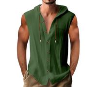 Soldes Chemise Lin Homme Slim Fit Couleur Uni Henley Shirts Casual Chemise Blanche Hommes sans Manches Chemises en Lin Homme Été à Capuche Haut Blouse Boutonnés Hoodie Cordon De Serrage Pas Cher
