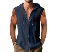 Soldes Chemise Lin Homme Slim Fit Couleur Uni Henley Shirts Casual Chemise Blanche Hommes sans Manches Chemises en Lin Homme Été à Capuche Haut Blouse Boutonnés Hoodie Cordon De Serrage Pas Cher