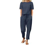 Soldes Ensemble 2 Pièces Coton Lin Été Ensembles de Pyjama Femme Ensemble Grande Taille Haut et Pantalon Décontracté Chic Imprimé Floral Manches Courtes Détente Léger Respirant Pas Cher
