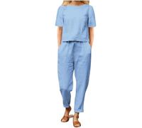 Soldes Ensemble 2 Pièces Coton Lin Été Ensembles de Pyjama Femme Ensemble Grande Taille Haut et Pantalon Décontracté Chic Imprimé Floral Manches Courtes Détente Léger Respirant Pas Cher