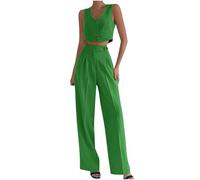 Soldes Ensemble Femme Chic et Elegant Mariage Été à Col en V Gilet Pantalon Large Fluide Ample Costume 2 Pièces Tailleur Décontracté D'été Tenue de Plage Casual Affaires Outfits Suit Pas Cher