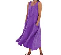 Soldes Robe d Ete Femme Coton et Lin Robes Décontracté Couleur Unie Robes Chic et Elegant Col V Robe Tunique Femmes Cadeau Boheme Jupe Dress de Plage Linen Dresses Vêtements Mi-Longue Dress Pas Cher