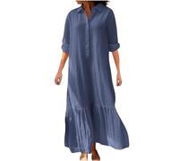 Soldes Robe en Coton et Lin Femme Chic Été Elegant Max Dress Manches Courtes Décontracté A-Linie Swing Robe de Plage Couleur Unie Léger et Respirant Robe Midi Longue Tunique Fluide Dresses Pas Cher
