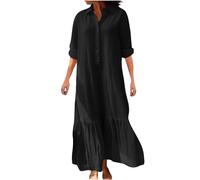 Soldes Robe en Coton et Lin Femme Chic Été Elegant Max Dress Manches Courtes Décontracté A-Linie Swing Robe de Plage Couleur Unie Léger et Respirant Robe Midi Longue Tunique Fluide Dresses Pas Cher